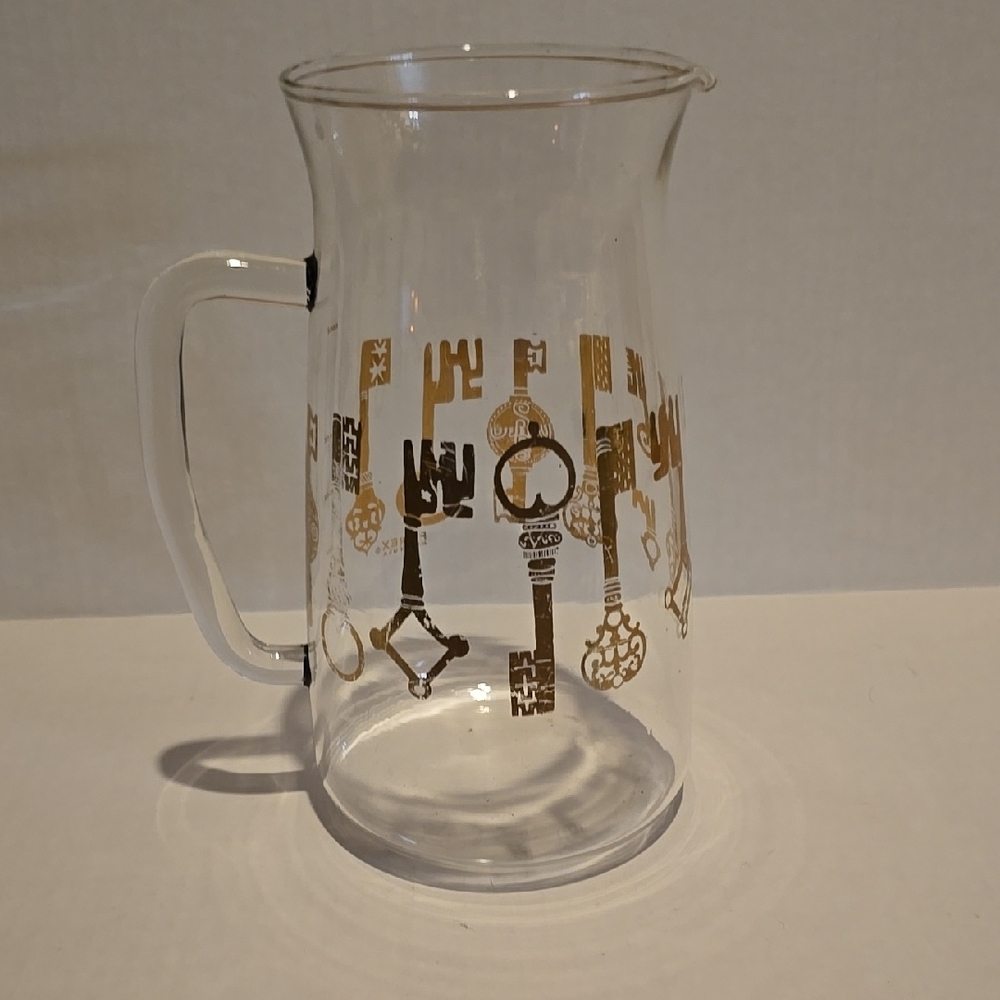 Vintage Pyrex Clear Glass Pitcher with Gold Key Design